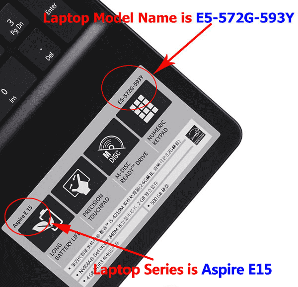 Example showing where to find a laptop model number